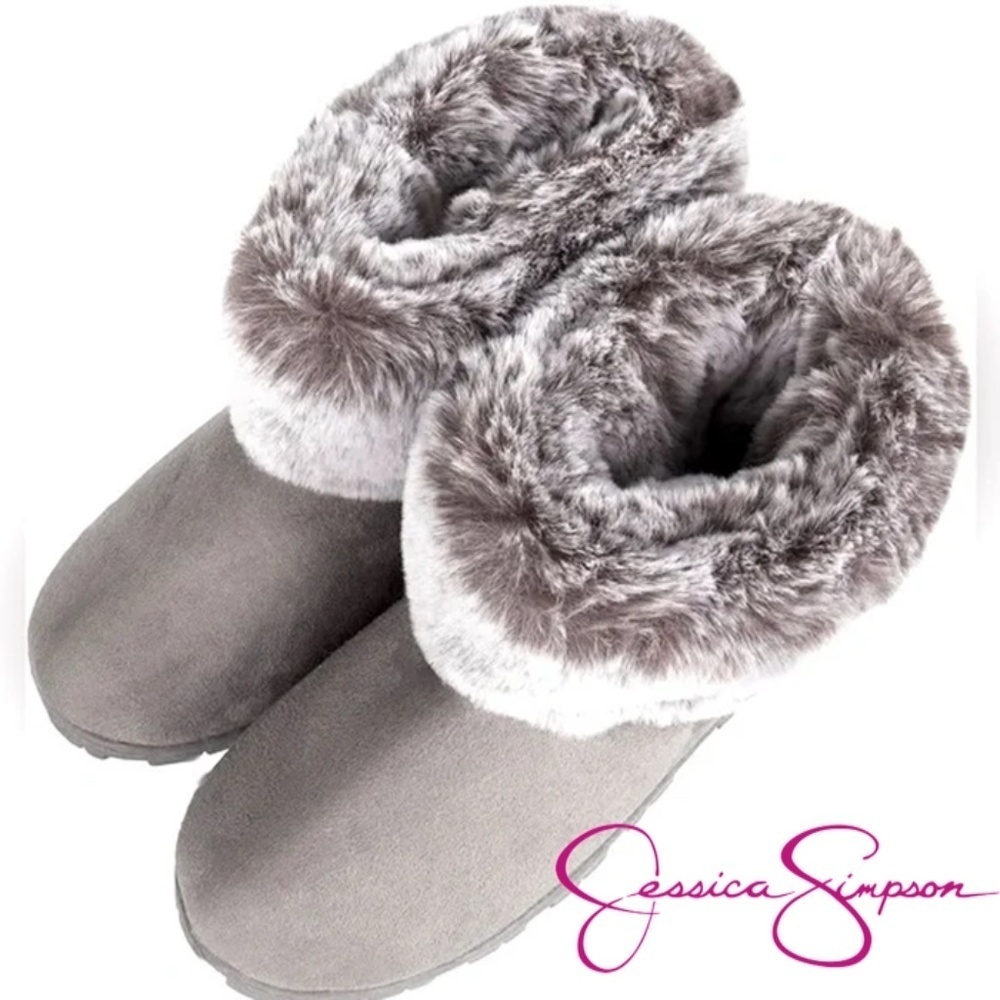 Jessica Simpson Slipper Boot Shoes Plush Faux Fur Lining Vegan Suede Memory Foam
